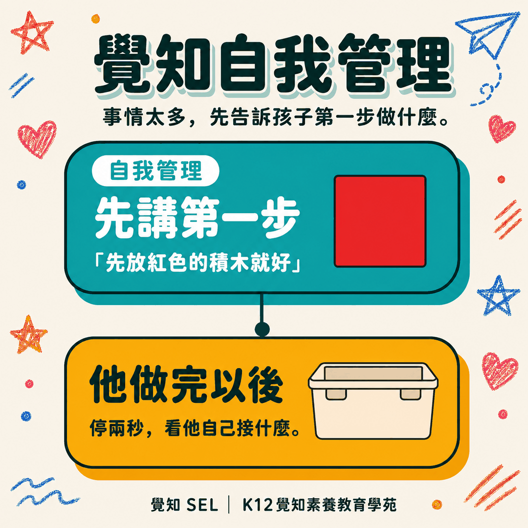 覺知自我管理：先講第一步，先放紅色的積木就好；他做完以後，停兩秒，看他接著做什麼